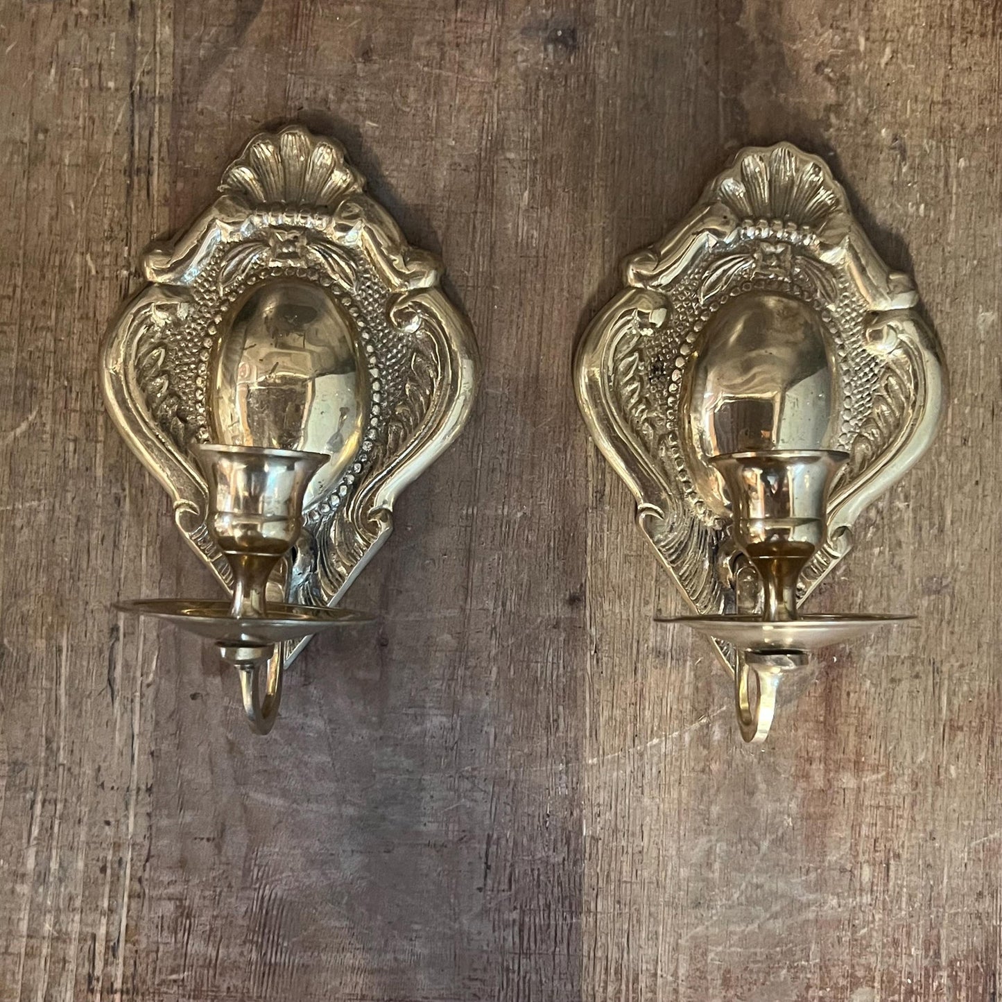 Vintage Pair of Brass Candlestick Holder Wall Sconces