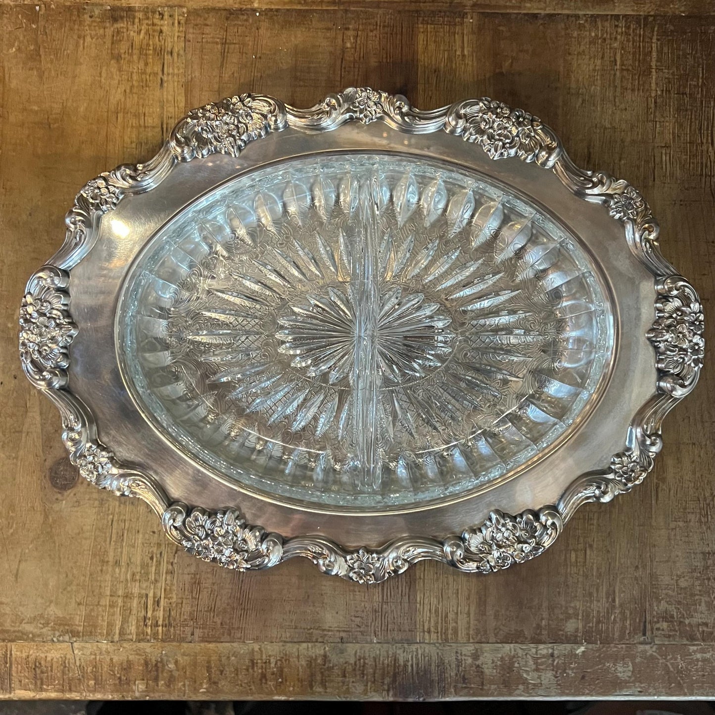 Vintage Poole Lancaster Rose 439 Silverplated Oval Tray with Floral Accent and Crystal Divided Insert