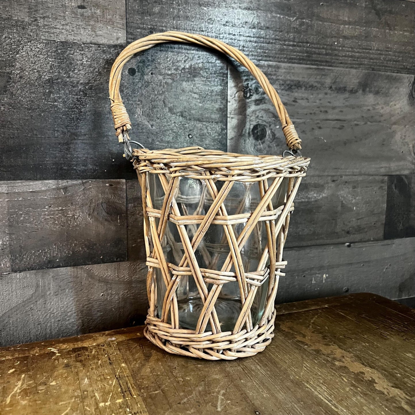 Wicker Rattan Handled Basket Clear Glass Vase