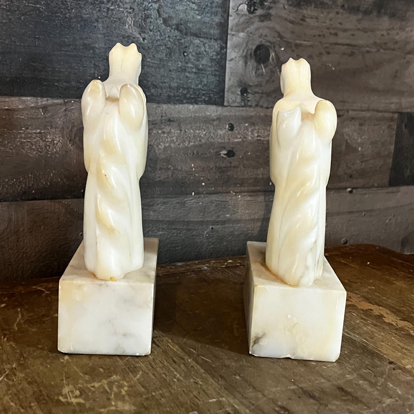Vintage Heavy Creamy White Marbled Stone Horse Bust Bookends - Pair