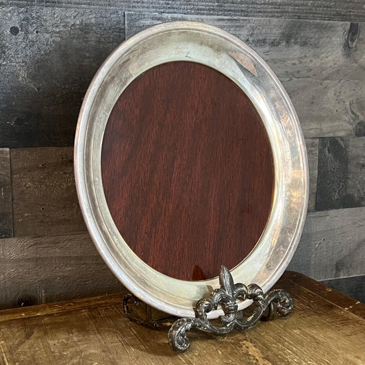 Vintage F B Rogers Silver Co Silverplated and Wood Grain Round Tray