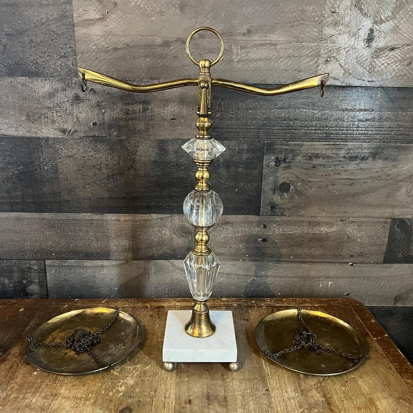 Vintage Brass and Crystal / Lucite Scale of Justice Balance with Marble Base