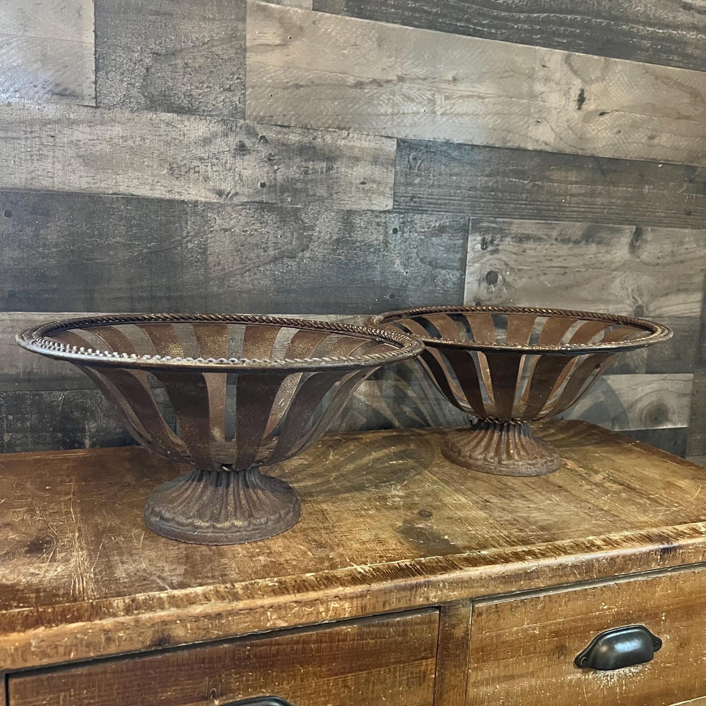 Vintage Rustic Metal Footed Planters - Pair