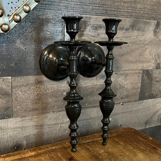 Vintage Black Painted Brass Candlestick Holder Wall Sconces - Pair