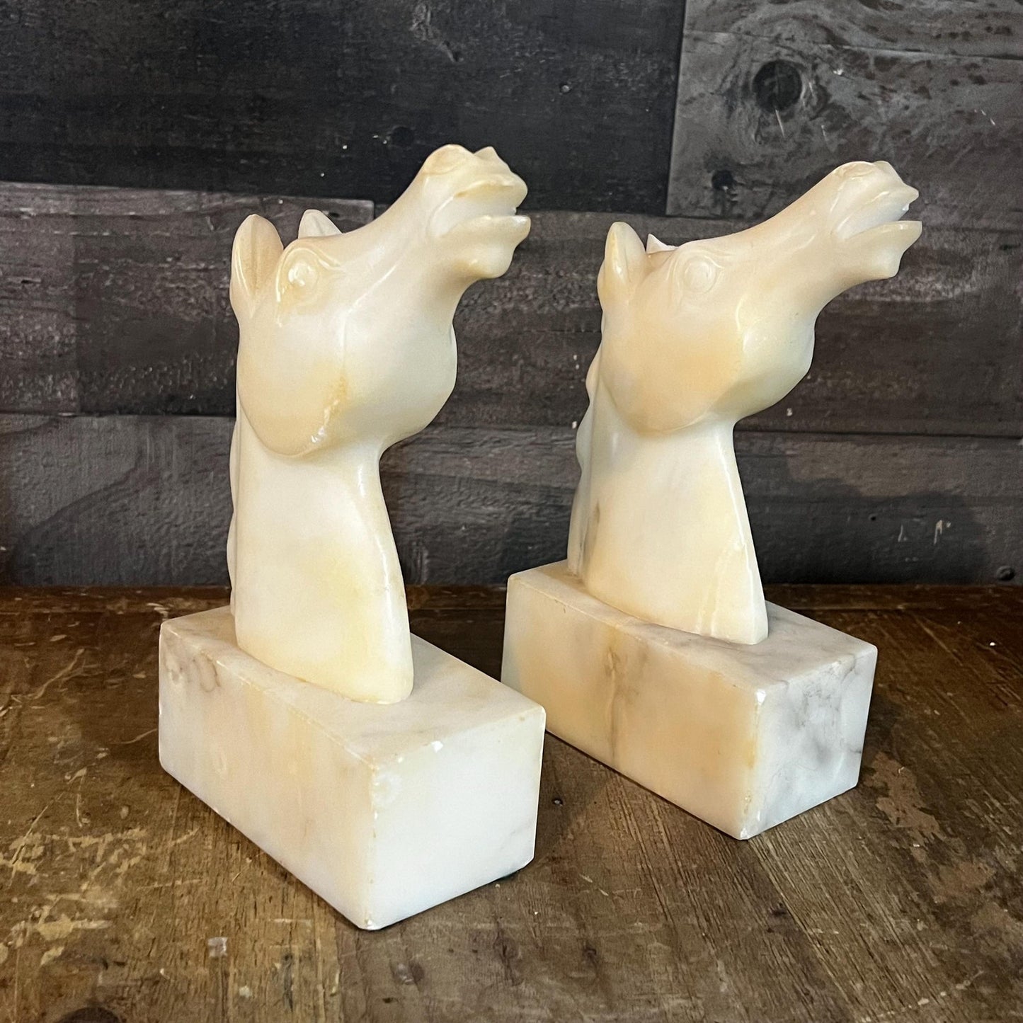 Vintage Heavy Creamy White Marbled Stone Horse Bust Bookends - Pair