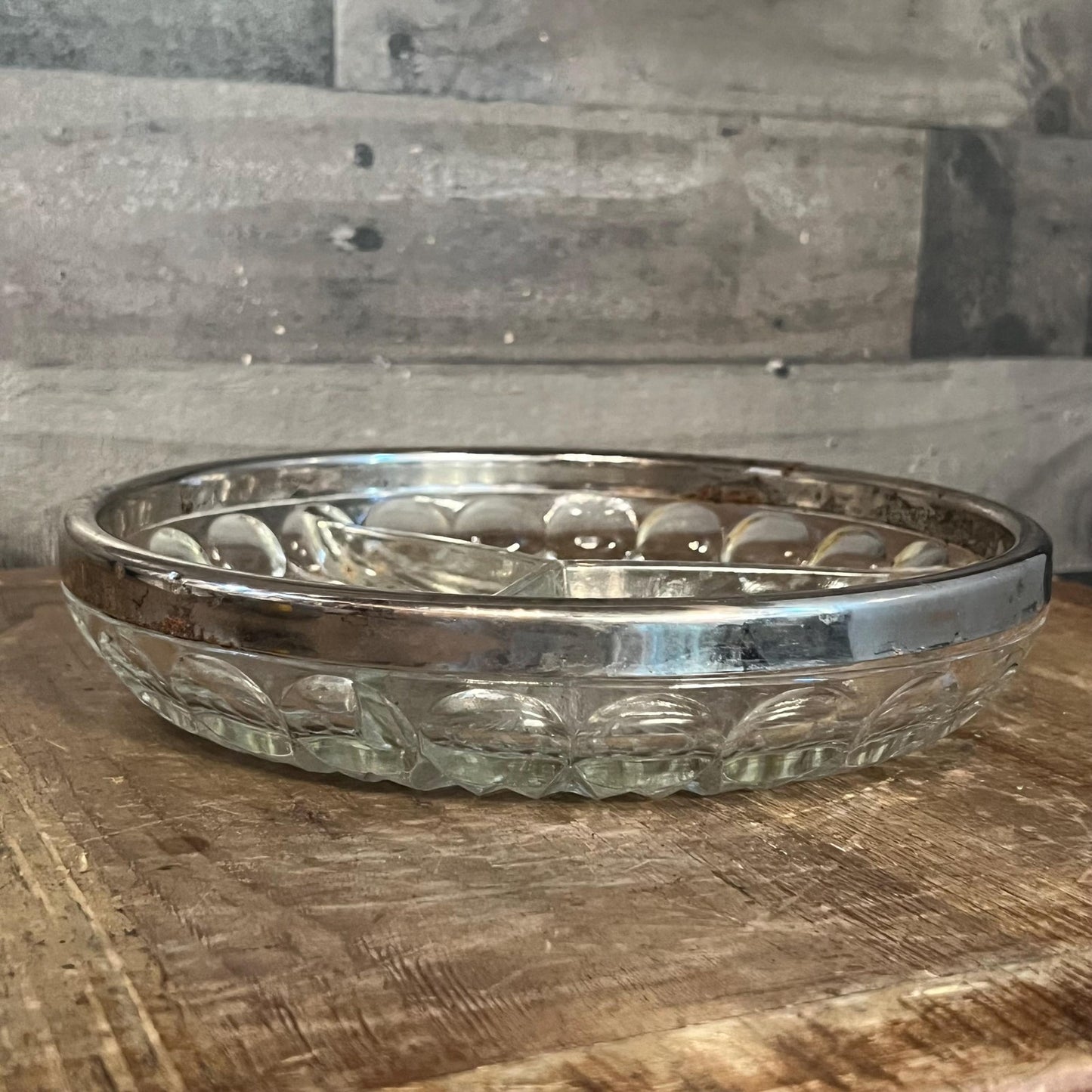 Vintage Crystal 3 Compartment Bowl with Silverplated Rim - Jewelry Dish - Candy Dish - Nut Dish - Berry Server - Key Bowl - Purse Bowl