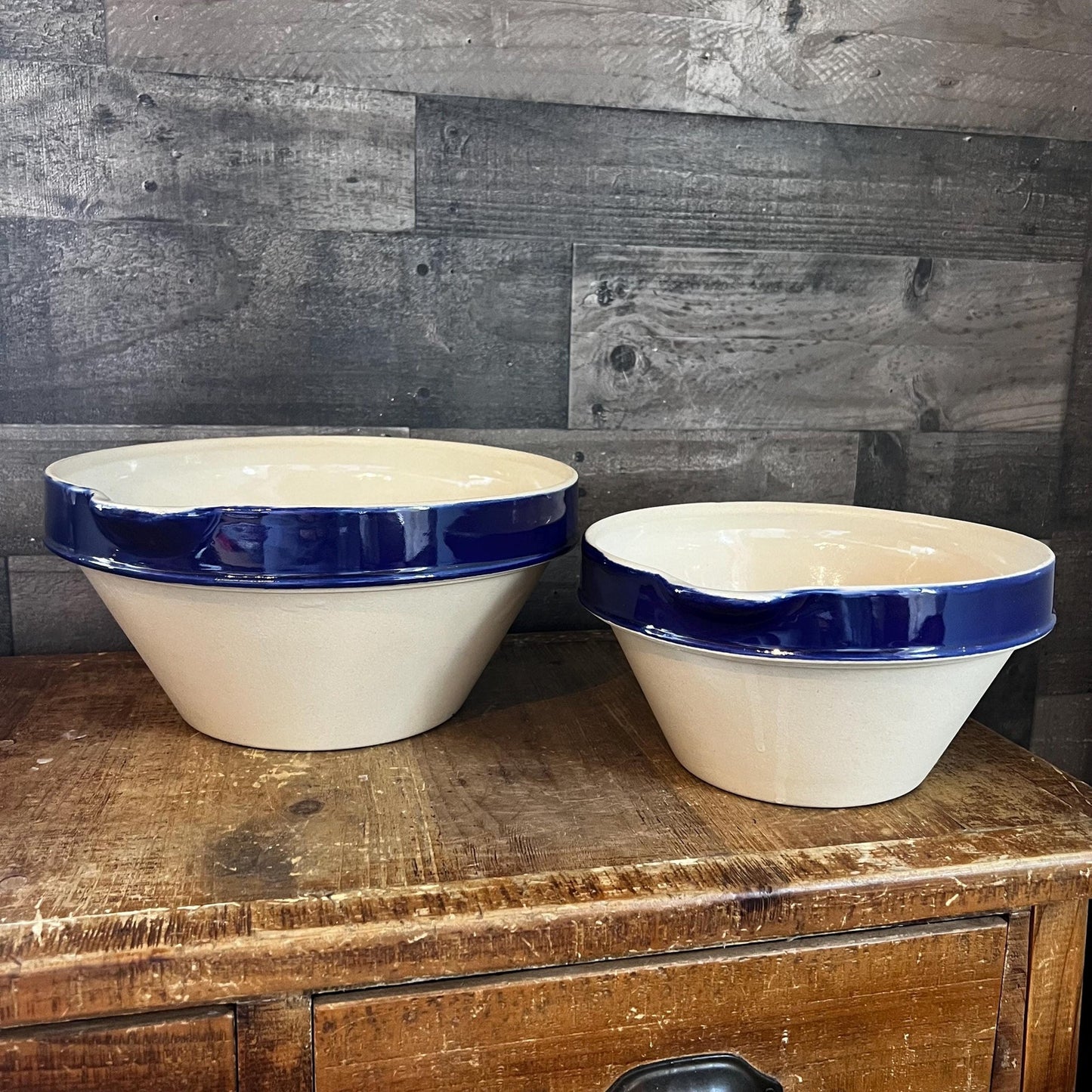 Vintage Grespots Digoins Beige and Blue Glazed Rim Large and Medium Mixing Bowls