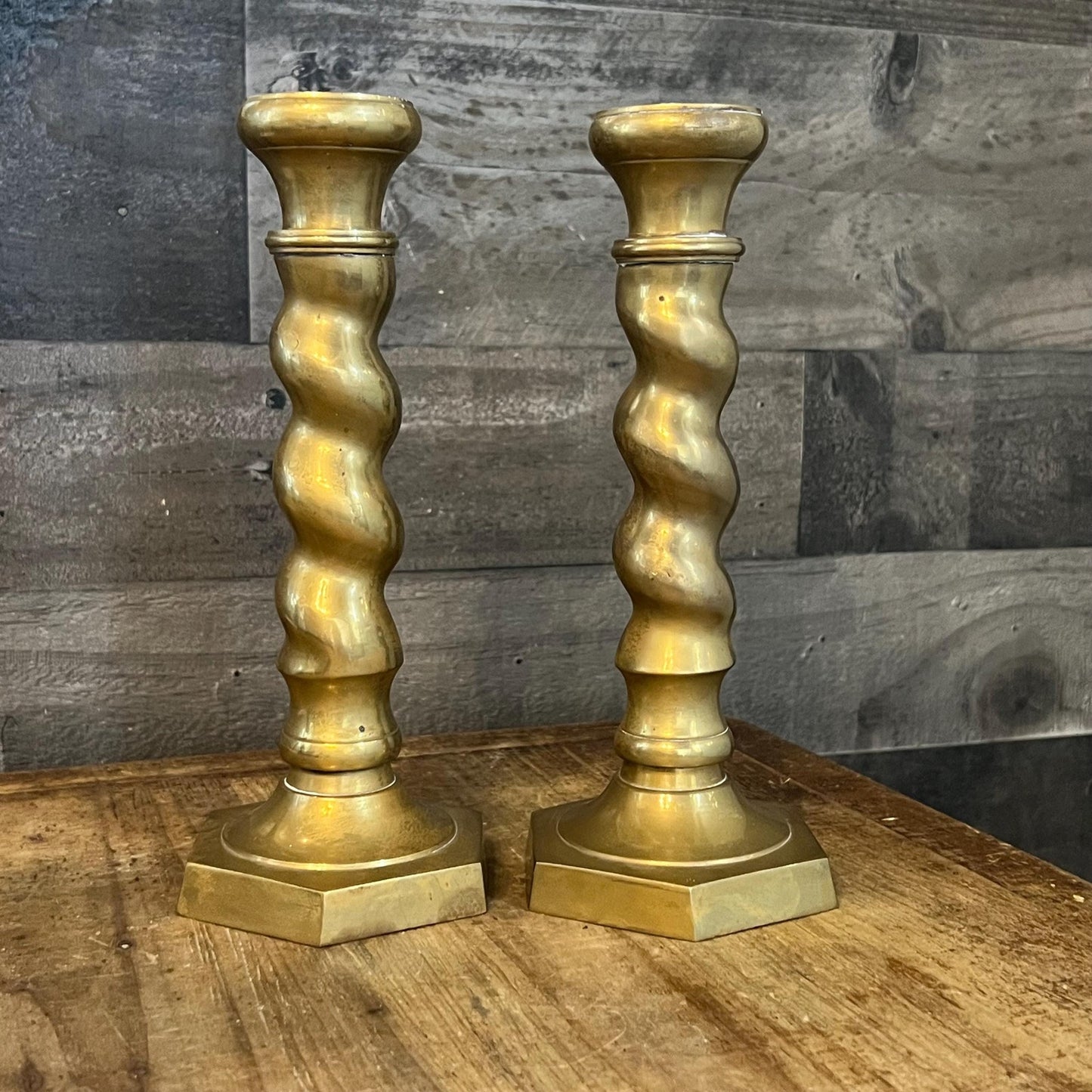 Vintage Spiral Brass Candlestick Holders Pair