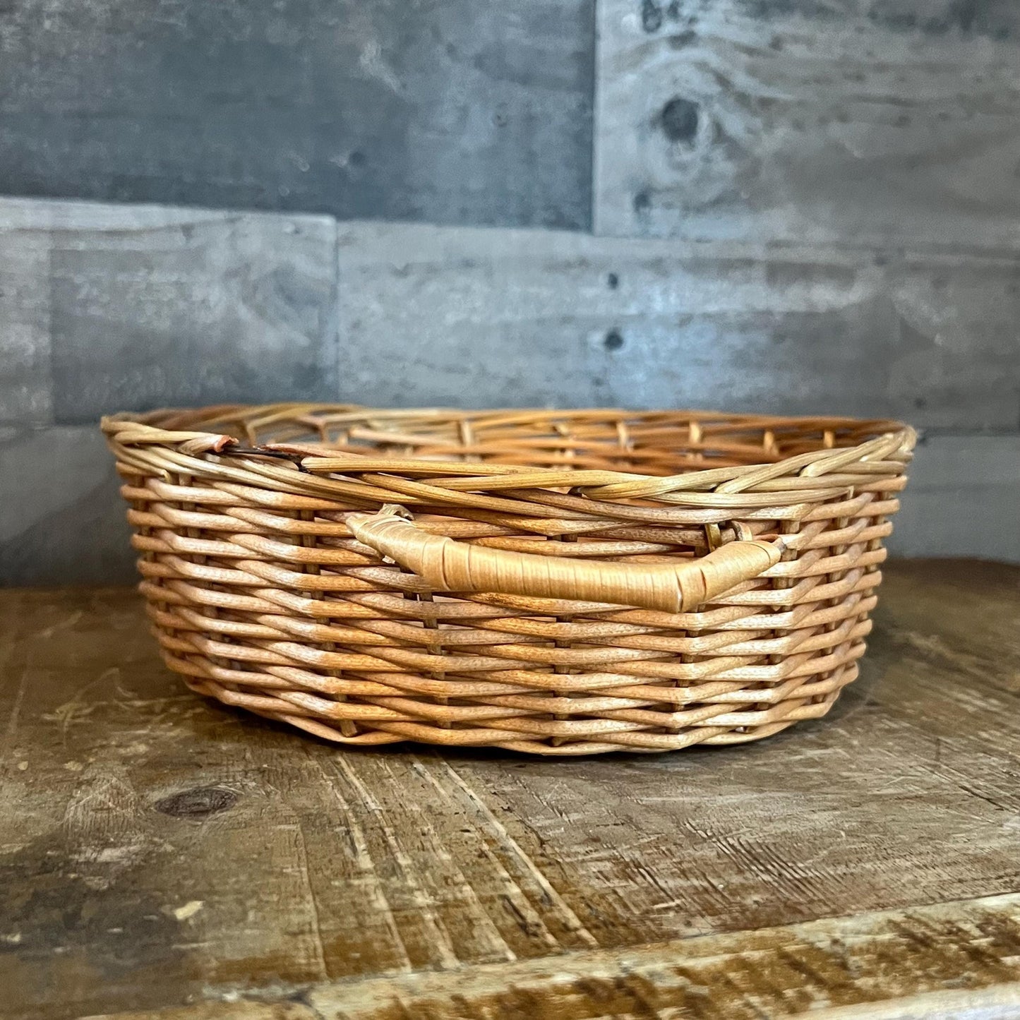 Vintage Shallow Handled Round Wicker Basket
