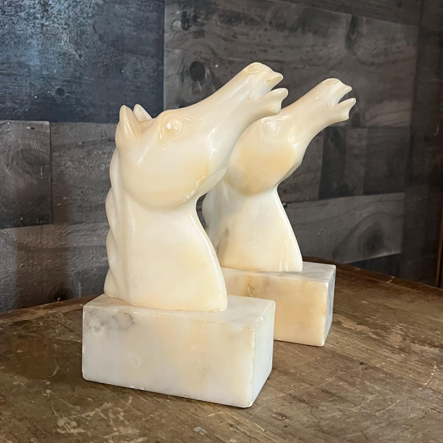 Vintage Heavy Creamy White Marbled Stone Horse Bust Bookends - Pair