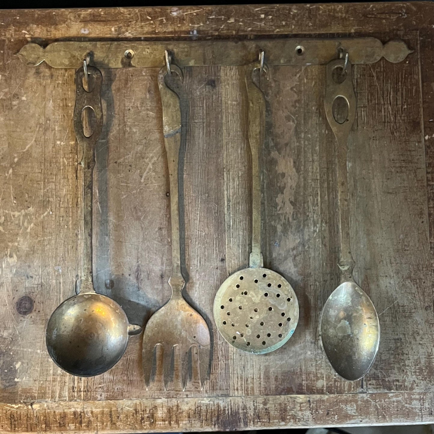 Solid Brass Serving Utensil Set with Wall Mounted Holder