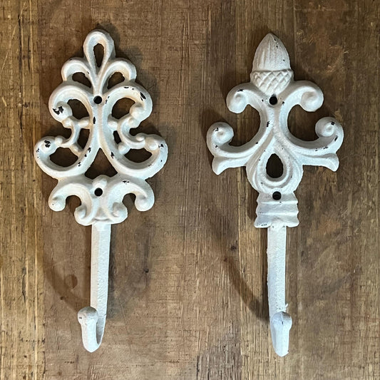 2 Vintage Painted White Cast Iron Wall Hooks