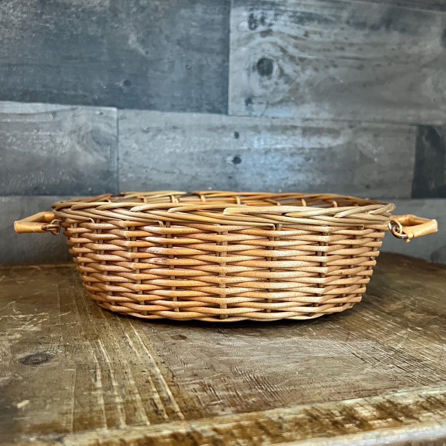Vintage Shallow Handled Round Wicker Basket