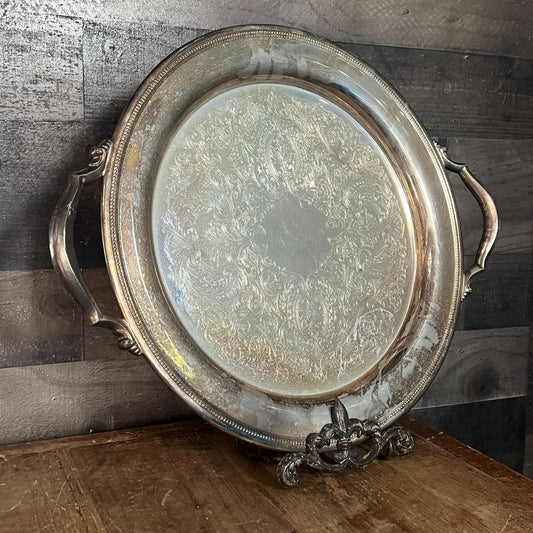 Vintage Handled Round Silverplated Serving Tray