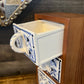 Vintage Wood Spice Cabinet Box with 3 White and Blue Ceramic Drawers