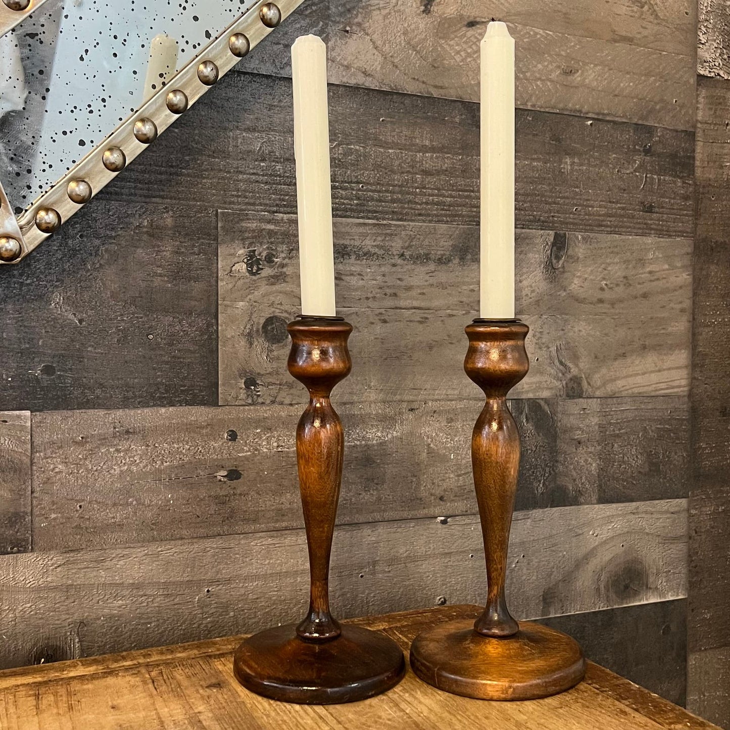 Vintage Pair of Wooden Candlestick Holders