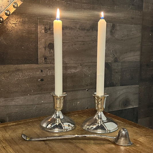 Vintage Pair of Silverplated Candlestick Holders and Long Handled Candle Snuffer
