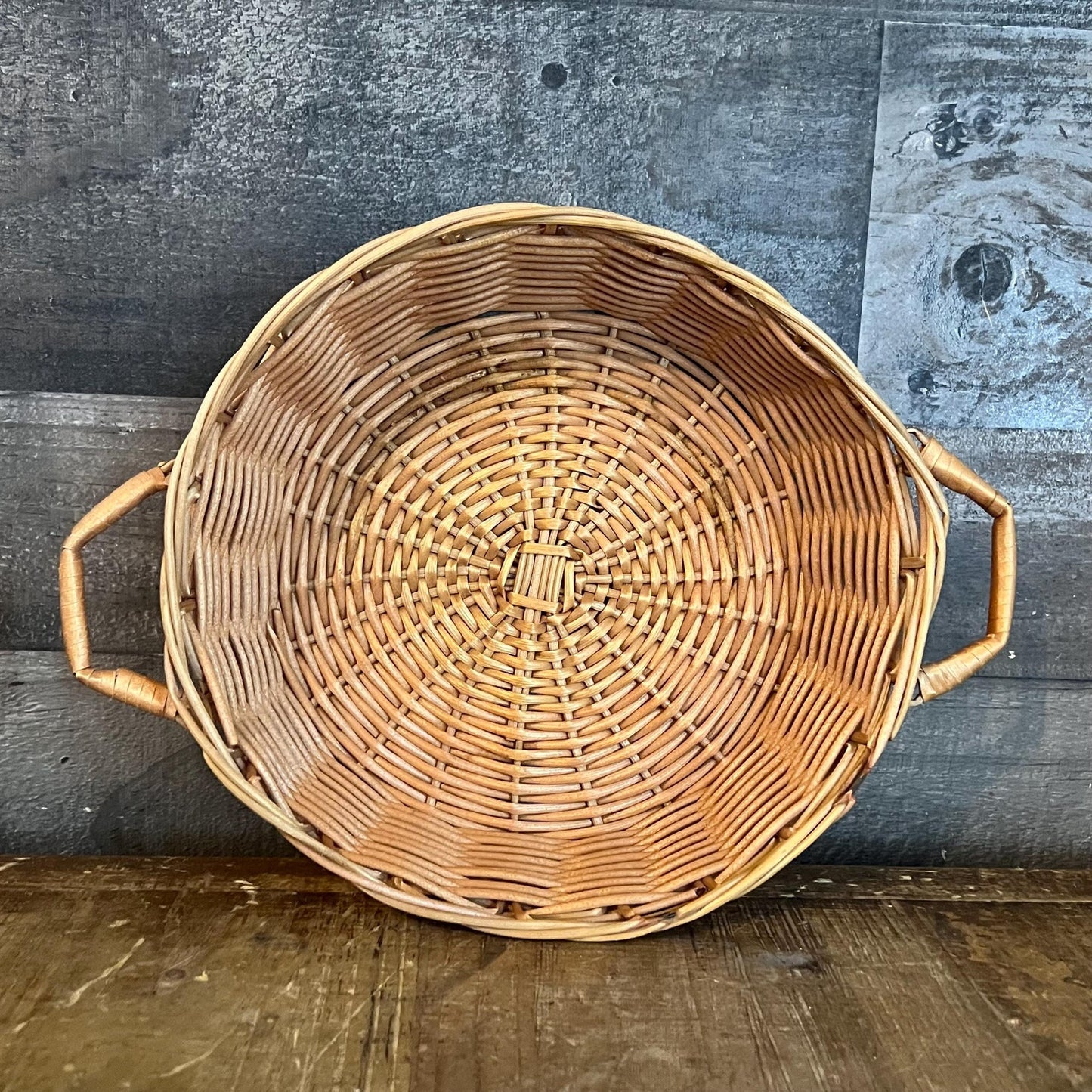 Vintage Shallow Handled Round Wicker Basket