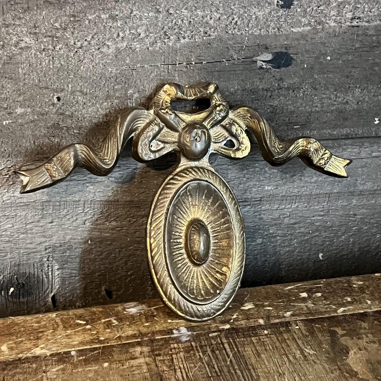 Antique French Solid Brass Medallion with Ribbon Design