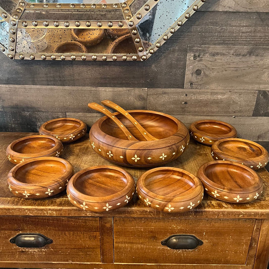 Vintage Wooden Serving Bowls with Ivory Color Diamond Shape Inlay - 1 Large bowl, 8 Small Bowls, Serving Spoon and Fork