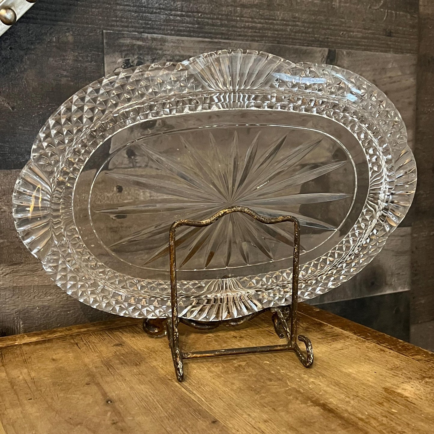 Vintage Crystal Glass Oval Tray - Trinket Tray - Serving Tray - Bar Cart Tray - Perfume Tray