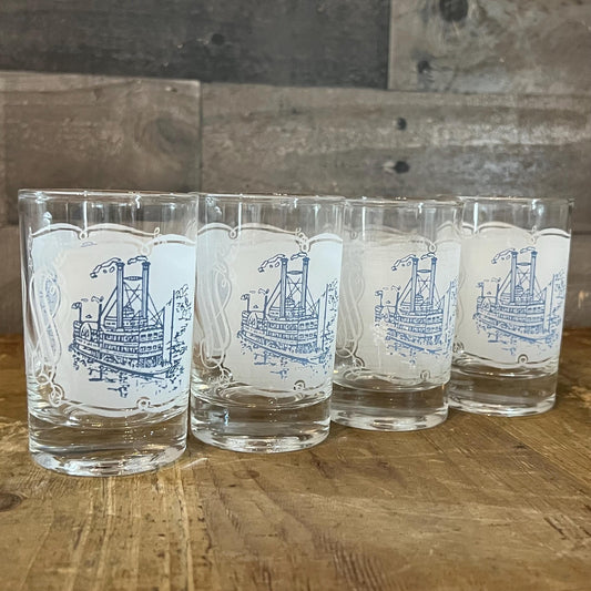 Vintage Set of 4 Royal USA Currier and Ives Blue Juice Glasses - Short Tumblers