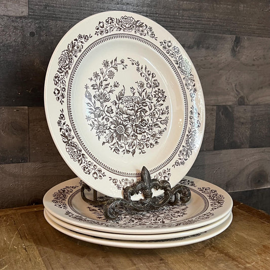 Royal USA Sussex Cavalier Ironstone Brown and White Floral Dinner Plates - Set of 4