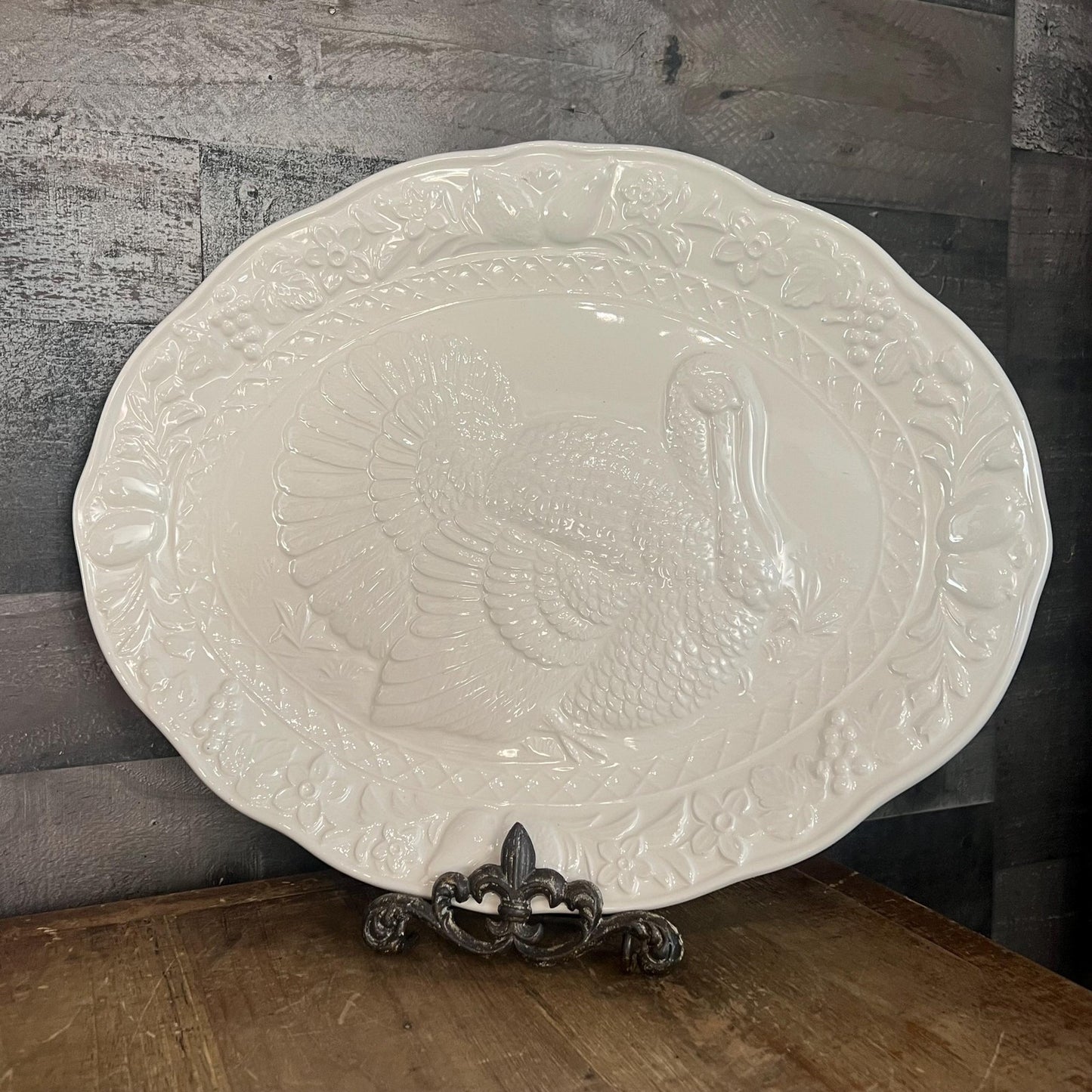 Vintage White Thanksgiving Oval Serving Tray Platter with Turkey Motif