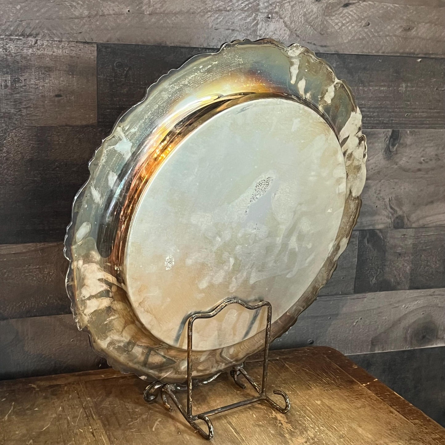 Vintage Oneida Silverplated Round Serving Tray with Rose Embossed Edge Design