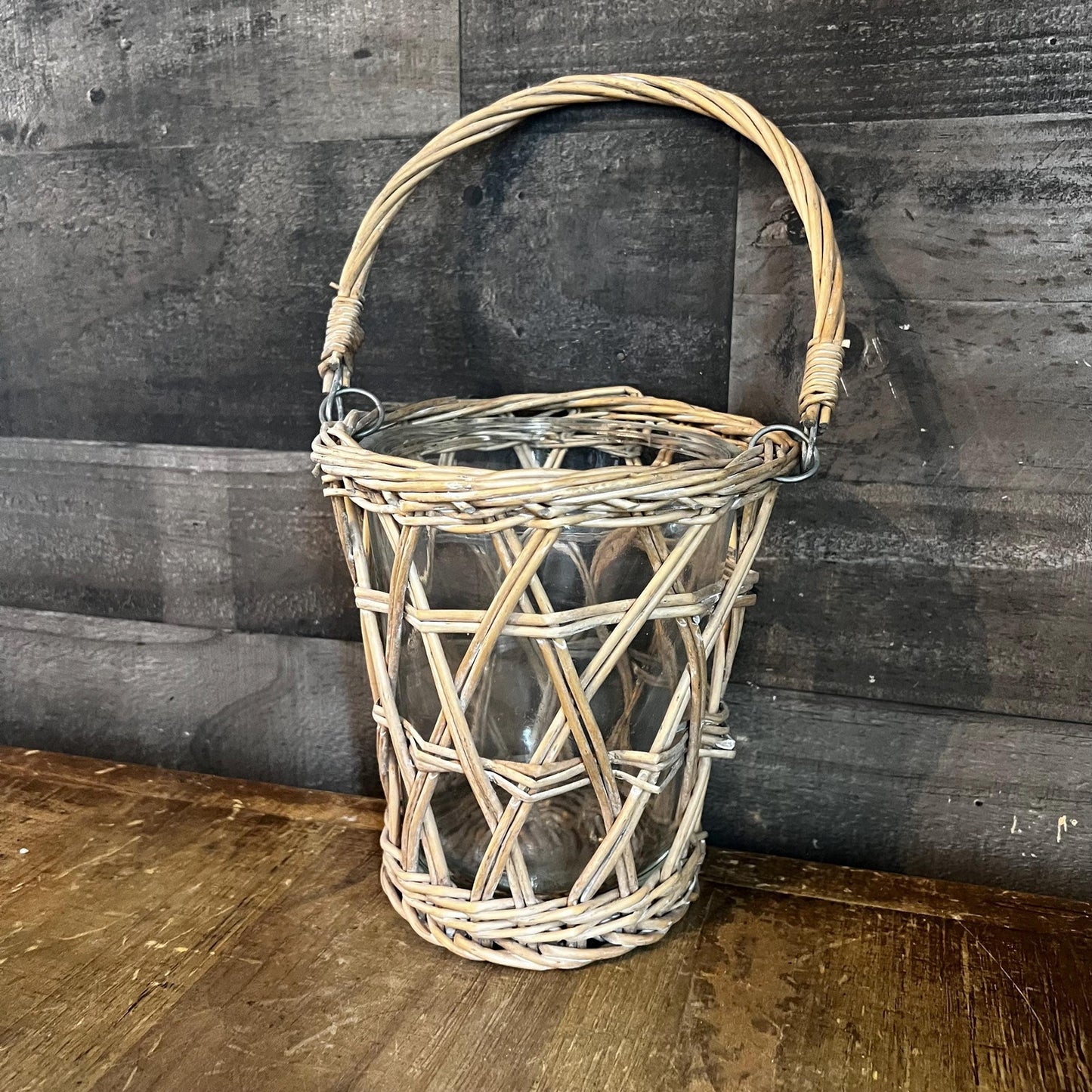 Wicker Rattan Handled Basket Clear Glass Vase