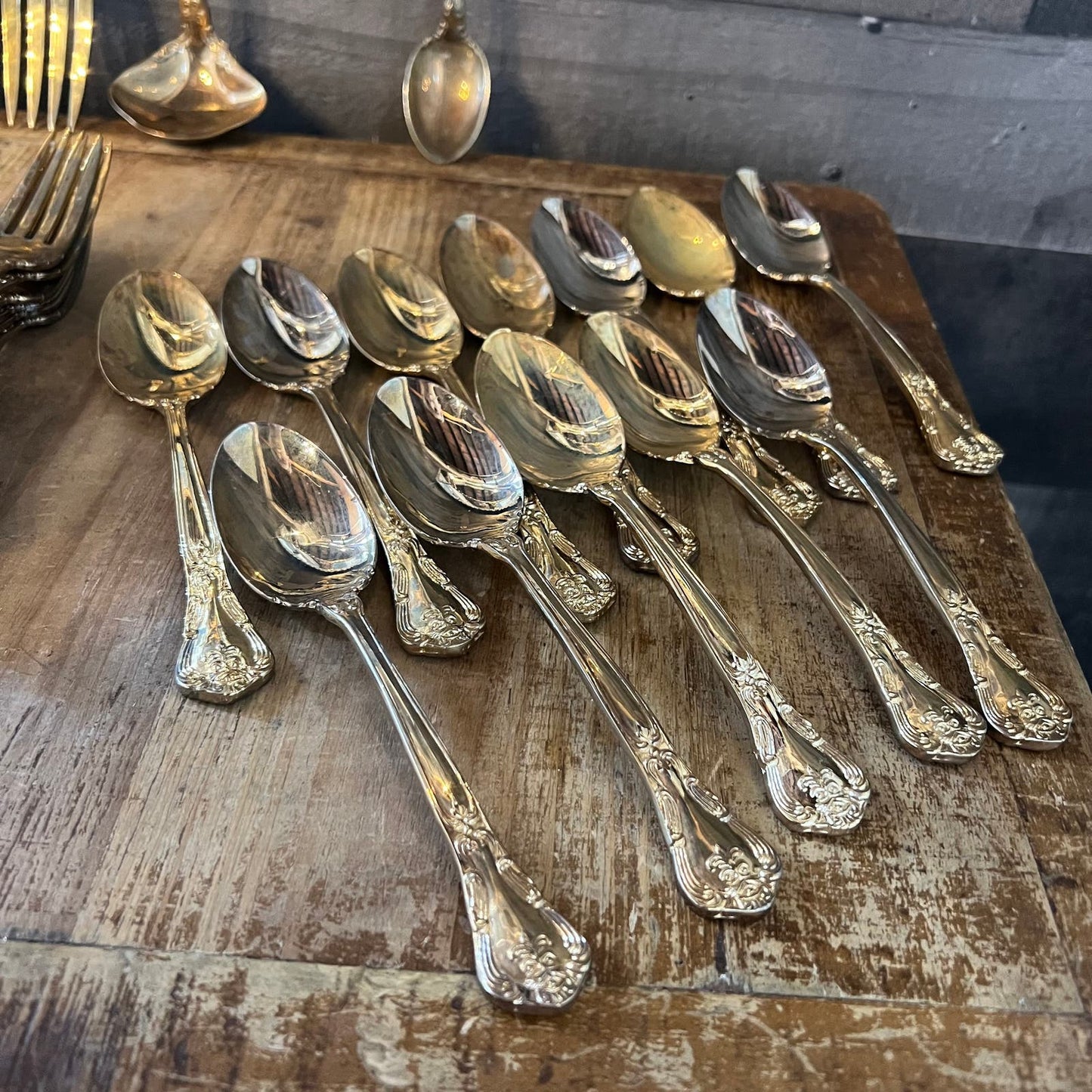 Vintage Godinger Gold Tone Gold Master Silverware Set - Forks, Spoons, Knives, Serving Spoon, Fork and Ladle