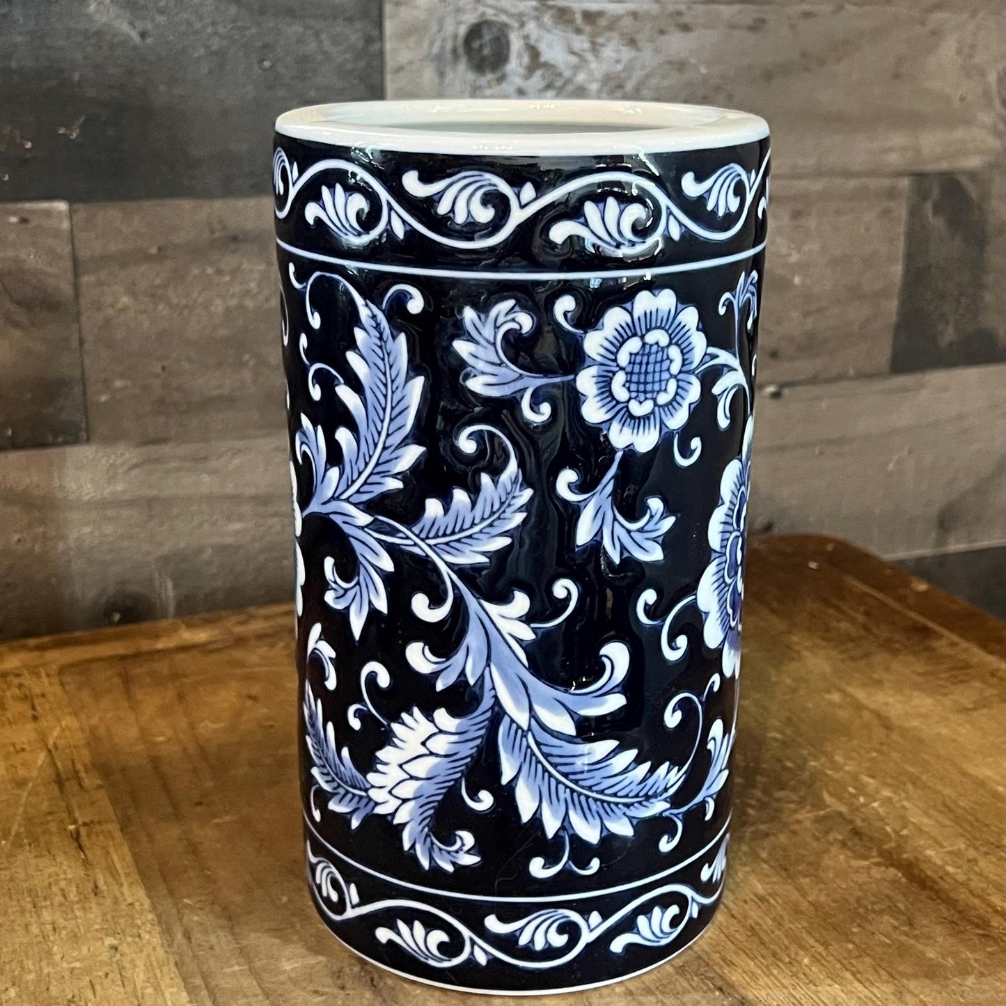Pier 1 Imports Cobalt Blue and Light Blue Glazed Floral Vase - Utensil Storage - Wood Spoon Organizer