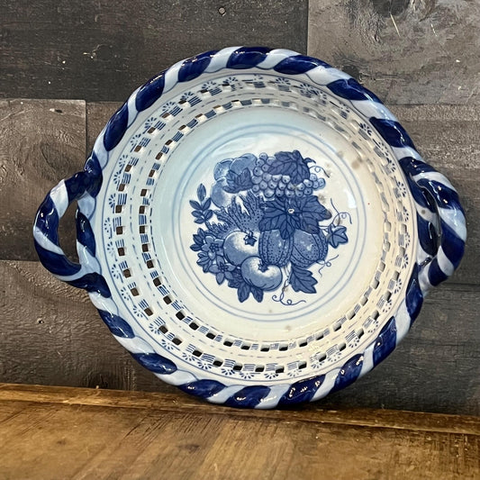 Vintage Blue and White Handled Perforated Strainer Bowl