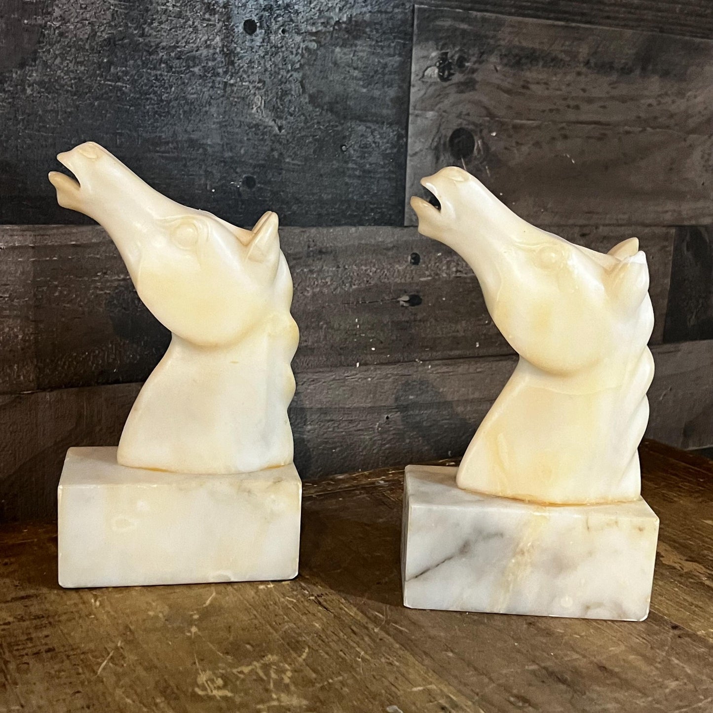 Vintage Heavy Creamy White Marbled Stone Horse Bust Bookends - Pair