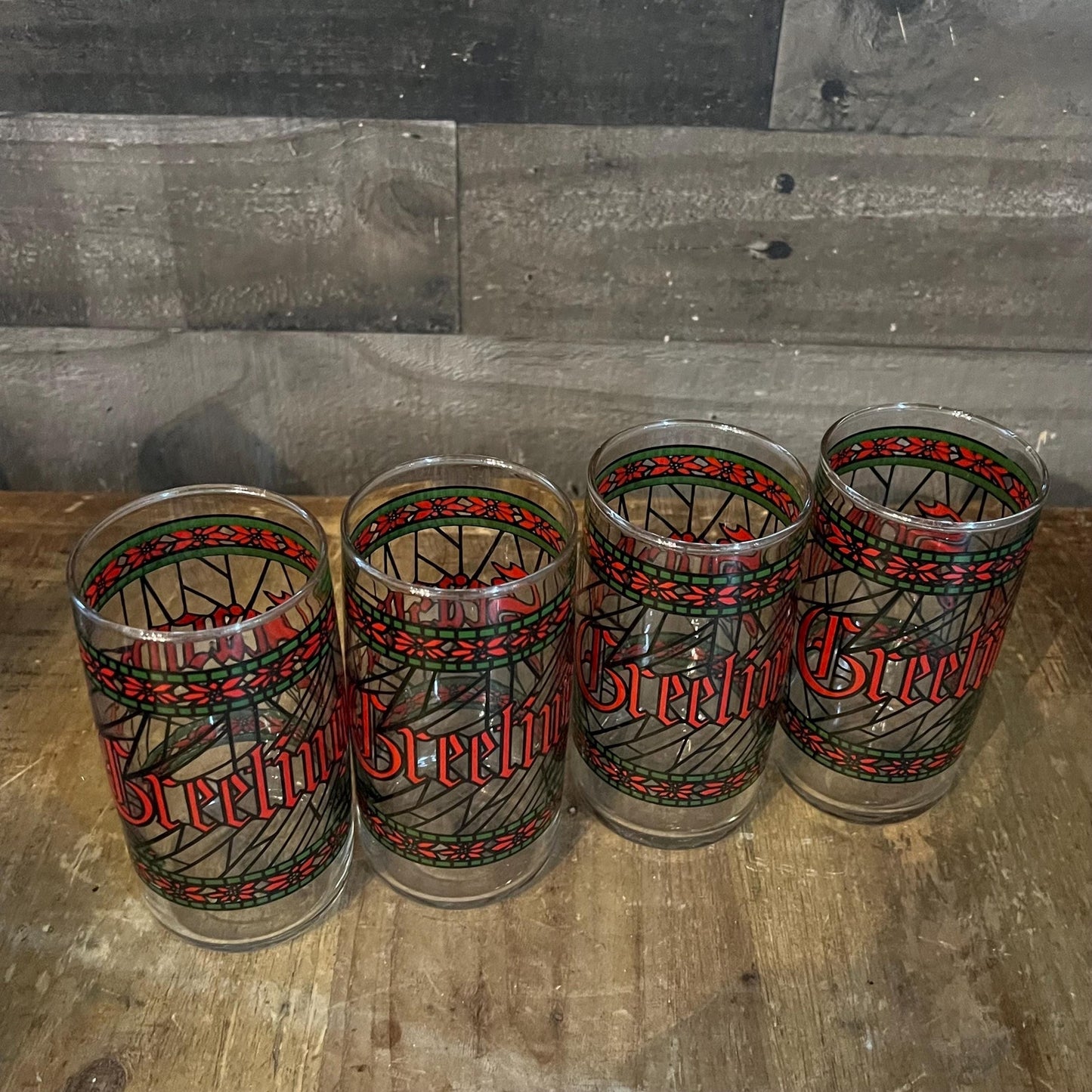 Houze Glass Company Seasons Greetings Tall Juice Glasses - Christmas Holiday Glassware - Set of 4