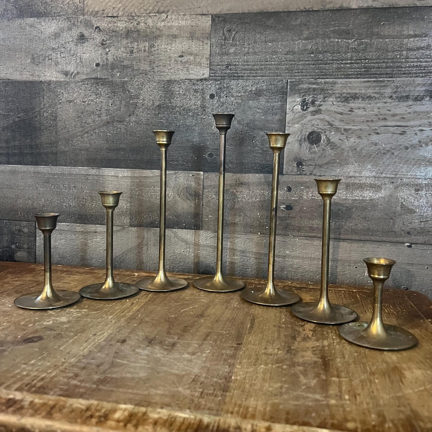 Vintage Set of 7 Brass Graduating Tiered Candlestick Holders