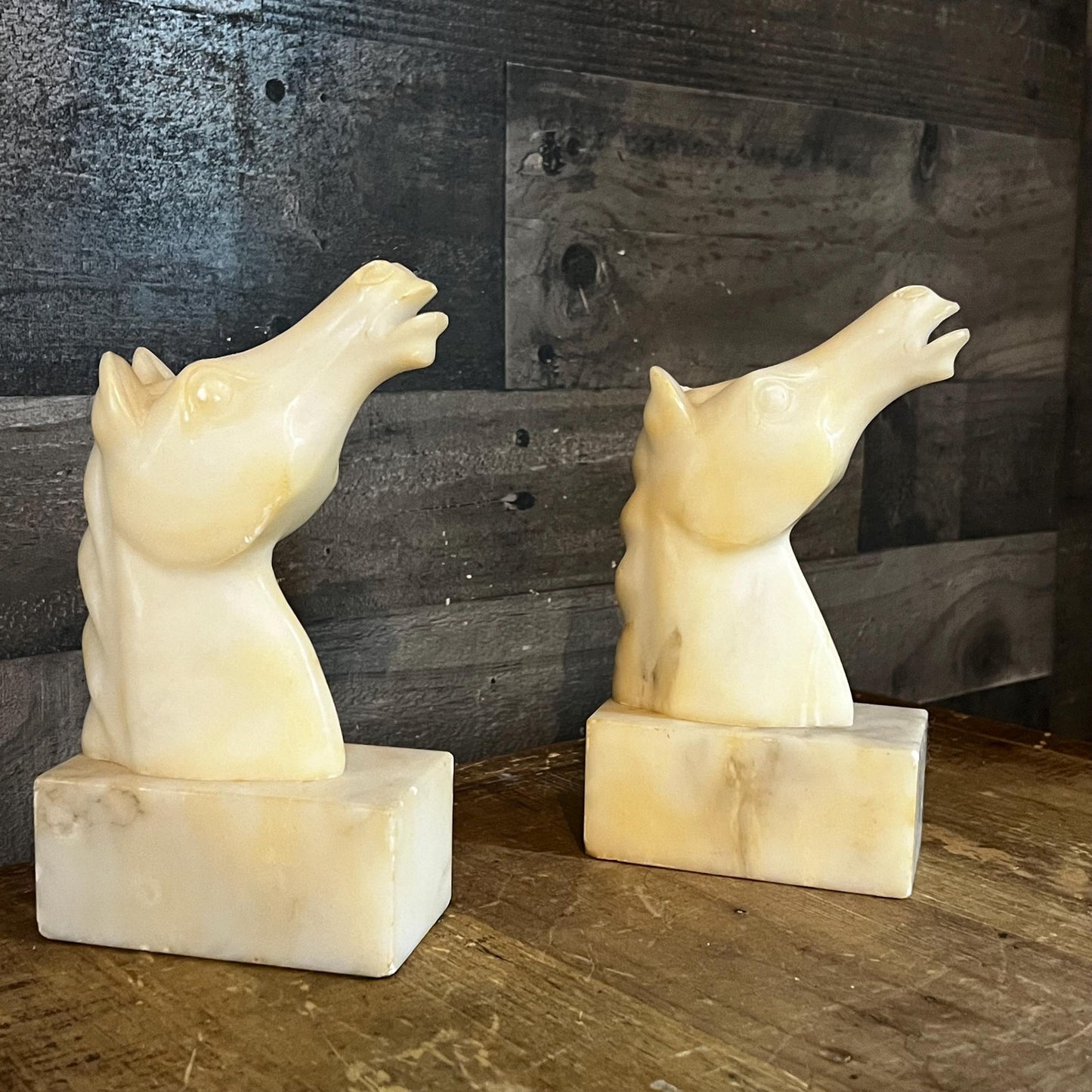 Vintage Heavy Creamy White Marbled Stone Horse Bust Bookends - Pair