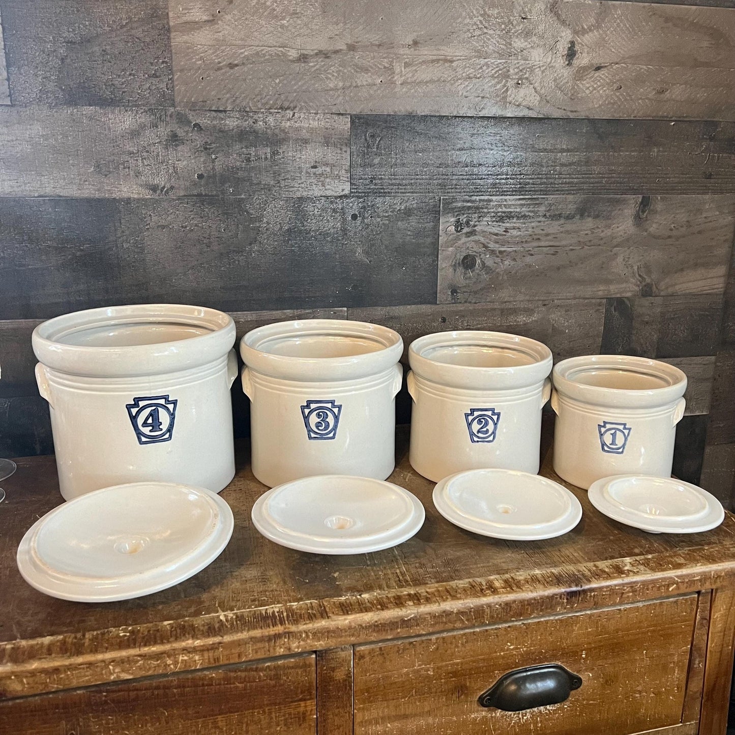 Vintage Pfaltzgraff Yorktowne Stoneware Lidded Canister Set Numbered in Blue 1, 2, 3, 4 - Set Of 4 - Made In USA - Crock Storage Jar Set