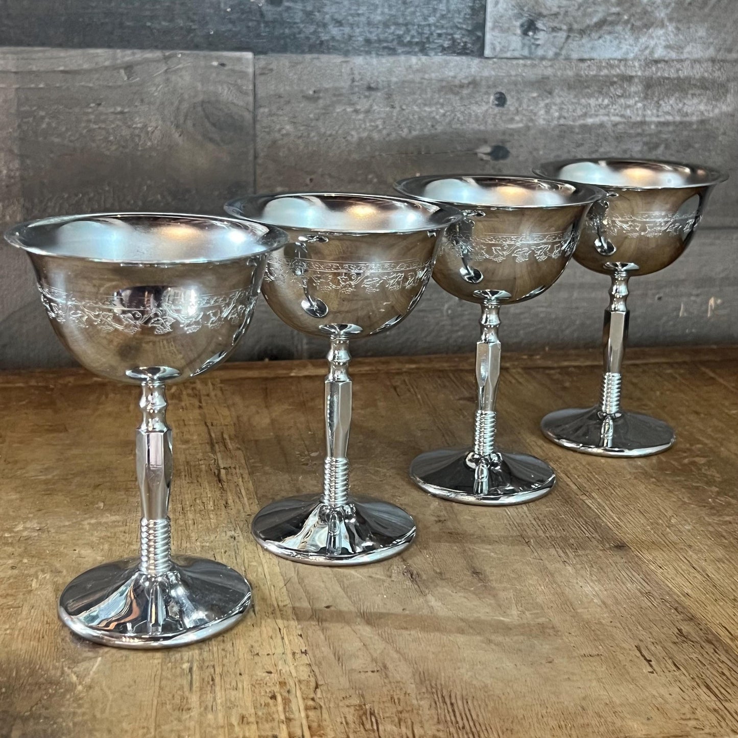 Vintage Set of 4 Art Deco Grapevine Etched Chrome Cocktail Coupes - Cocktail Glasses - Wine Glasses - Goblets - Long Stem Glasses