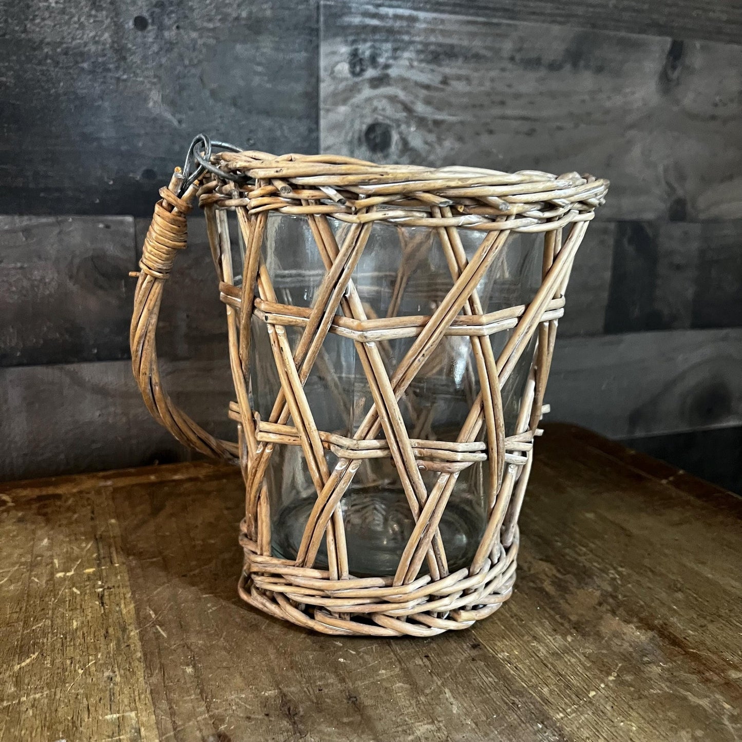 Wicker Rattan Handled Basket Clear Glass Vase