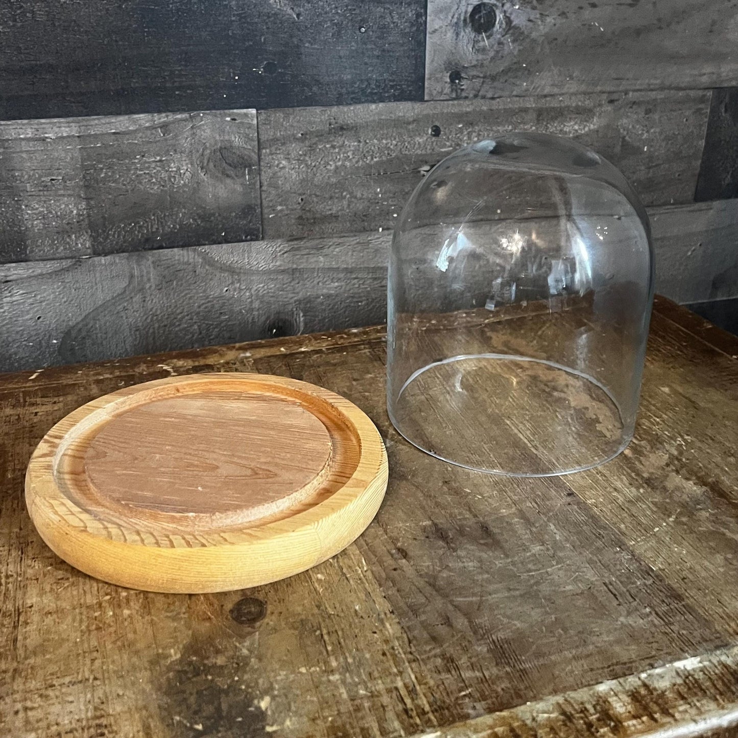 Clear Glass Dome Display on Round Wooden Base