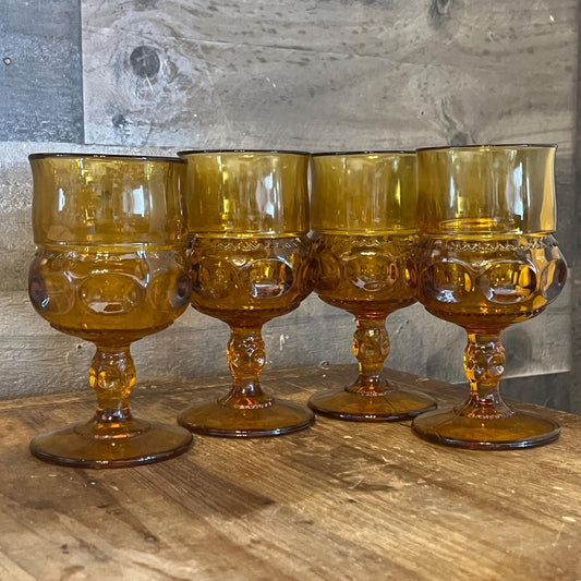 Vintage Indiana Glass Amber Glass Kings Crown Thumbprint Short Stem Water Goblets - Wine Glasses - Set of 4