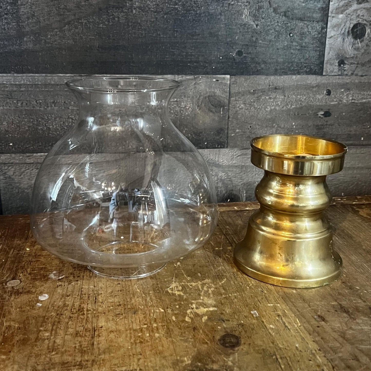 Vintage Brass Candle Holder with Clear Bubbly Glass Hurricane - Candlestick Holder - Pillar Candle Holder