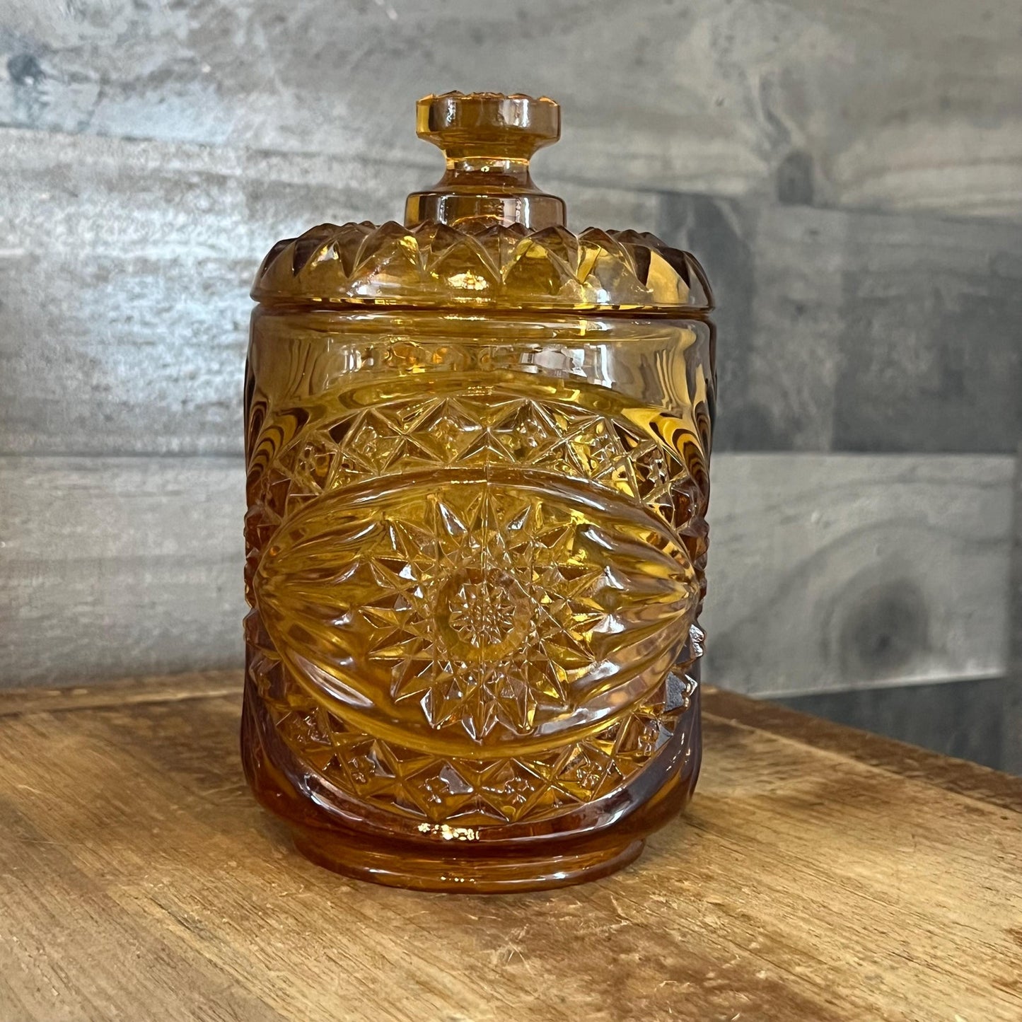 Imperial Amber Glass Marigold Hobstar Lidded Dish - Biscuit Jar