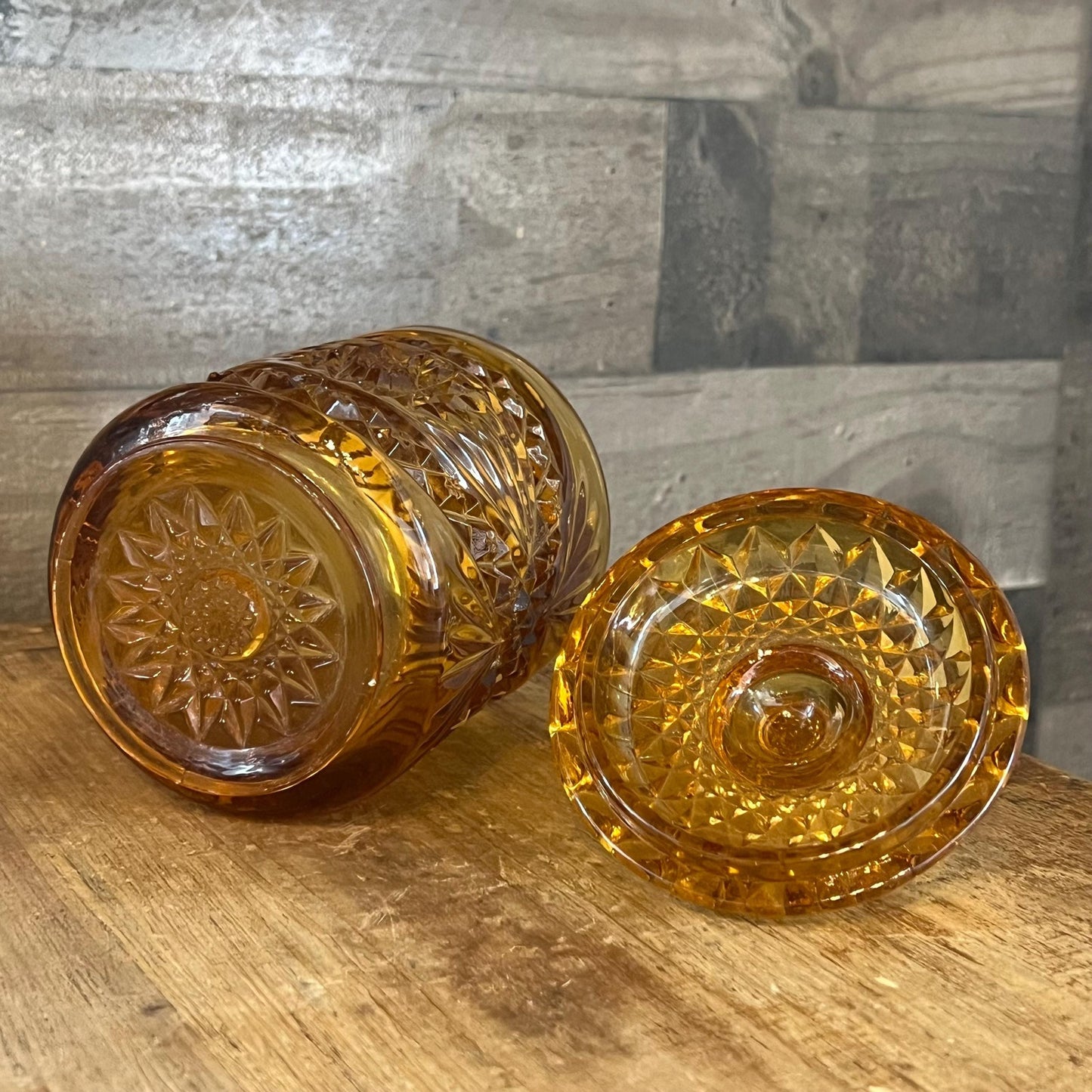 Imperial Amber Glass Marigold Hobstar Lidded Dish - Biscuit Jar