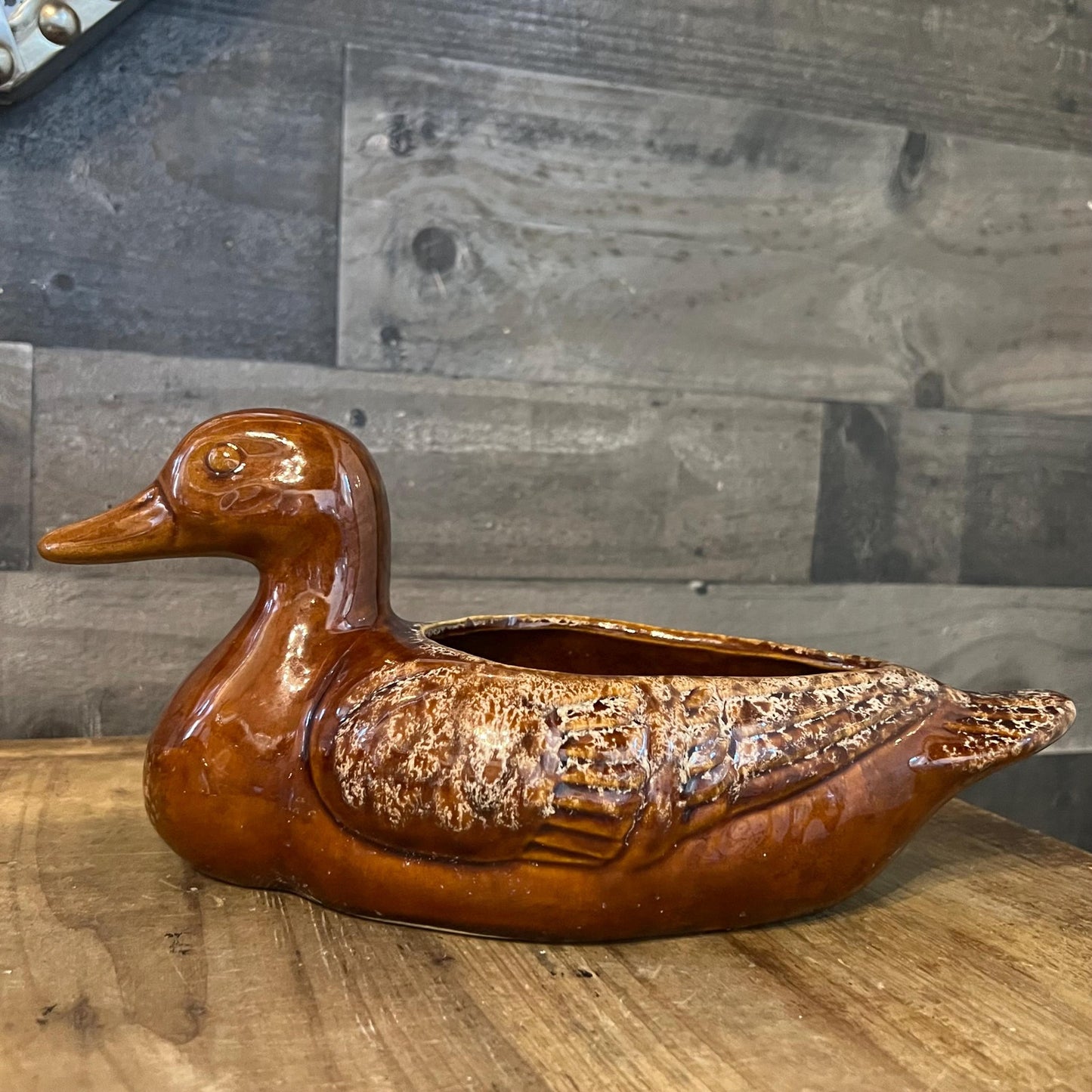 Vintage Stoneware Brown Glaze Duck Pottery Vessel