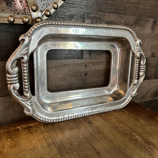 Vintage Ornate Pewter Tone Handled Rectangular Casserole Dish Holder