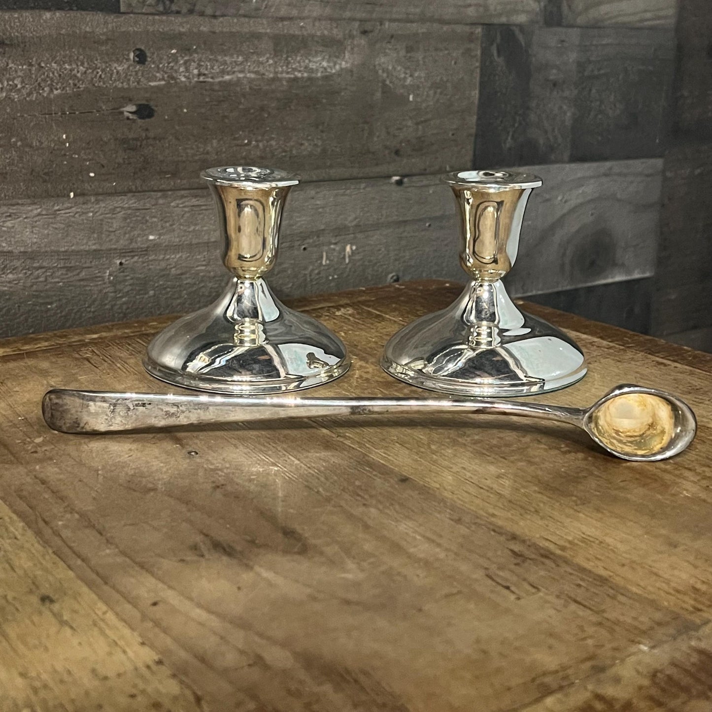 Vintage Pair of Silverplated Candlestick Holders and Long Handled Candle Snuffer