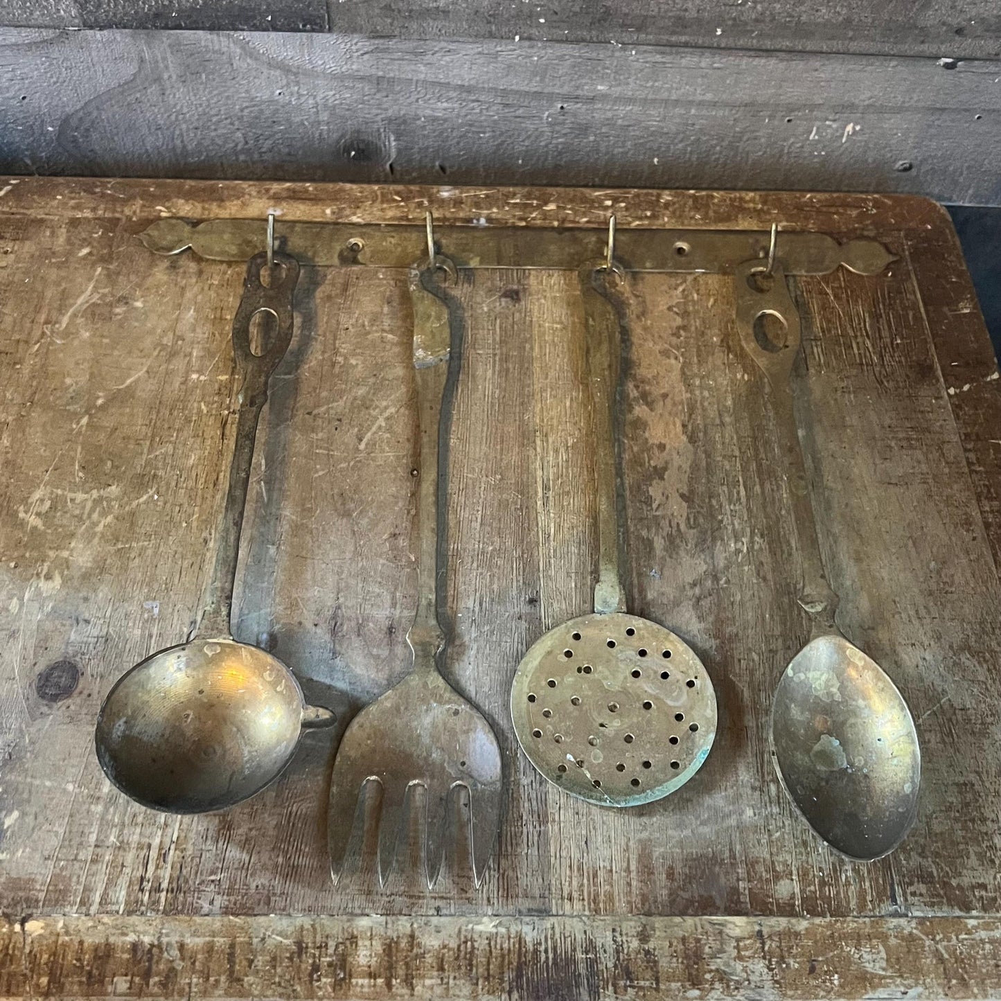 Solid Brass Serving Utensil Set with Wall Mounted Holder