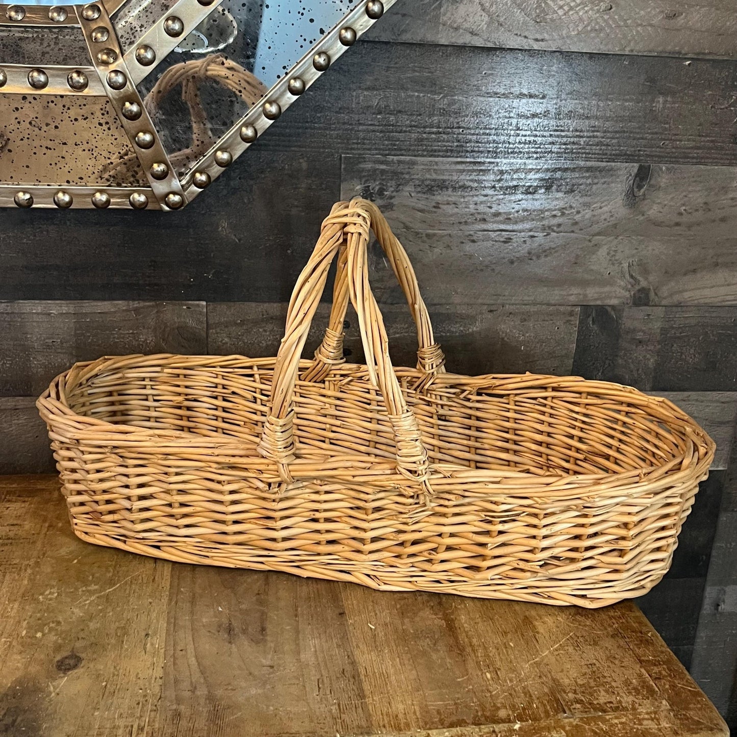Woven Wicker Rattan Long Handled Basket - Flower Trug - Bread Basket
